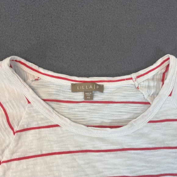 Anthropologie Lilla P Womens XS Heather Gray Stripe SS 100% Cotton Knit Top Red - Picture 2 of 7
